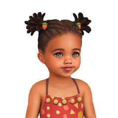 A cute little toddler girl with afro hair in ponytails wearing a summer dress, isolated portrait