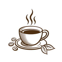 Obraz premium A Simple Brown Line Art Illustration of a Steaming Cup of Coffee with Beans and Leaves