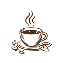 A Simple Brown Line Art Illustration of a Steaming Cup of Coffee with Beans and Leaves
