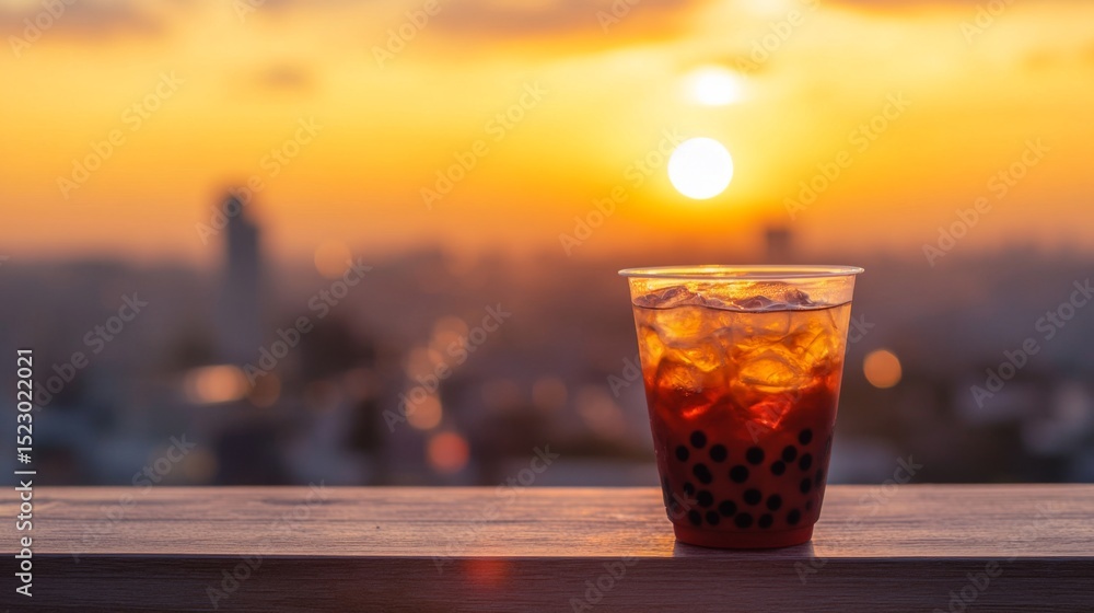 Poster iced milk tea with boba and ice served in a stylish cup, with a beautiful sunset backdrop, creating 