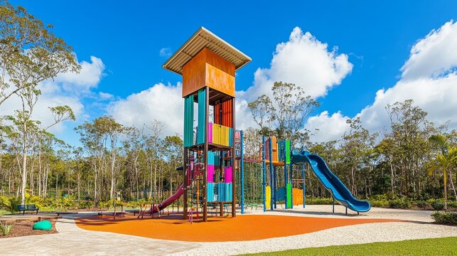 Jungle gym with monkey bars, climbing ropes, and a slide in a park, vibrant colors set against trees and a blue sky.