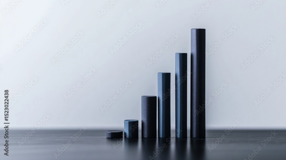 Poster Minimalistic bar chart with three-dimensional bars in various heights, set against a clean white background.