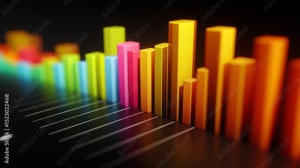 Poster Multi-colored D bar chart displaying data trends over time, placed on a sleek black background, emphasizing the vibrancy and importance of the information.