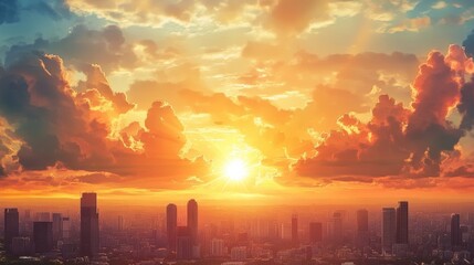 comic book style cartoon illustration of cityscape with sun and clouds in the sky