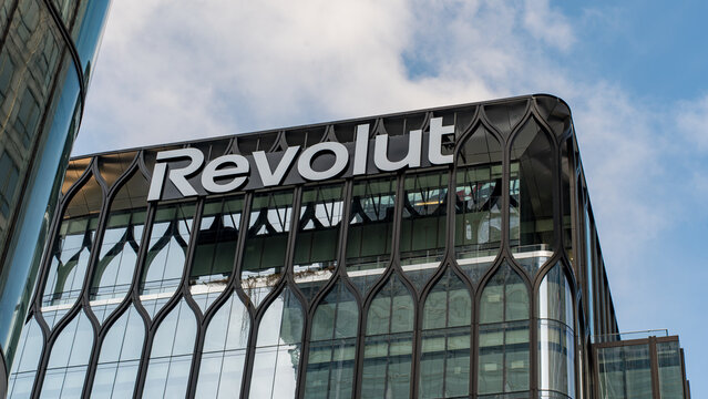 Revolut headquarters building facade, 24 April, Canary Wharf, London, UK