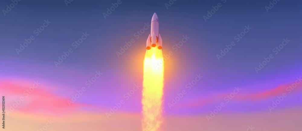 Poster rocket launch sequence with fiery propulsion and colorful space animation
