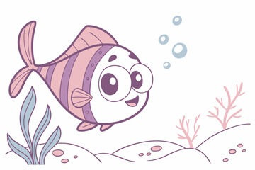 Cute cartoon fish swimming in clear water with large round eyes and coral