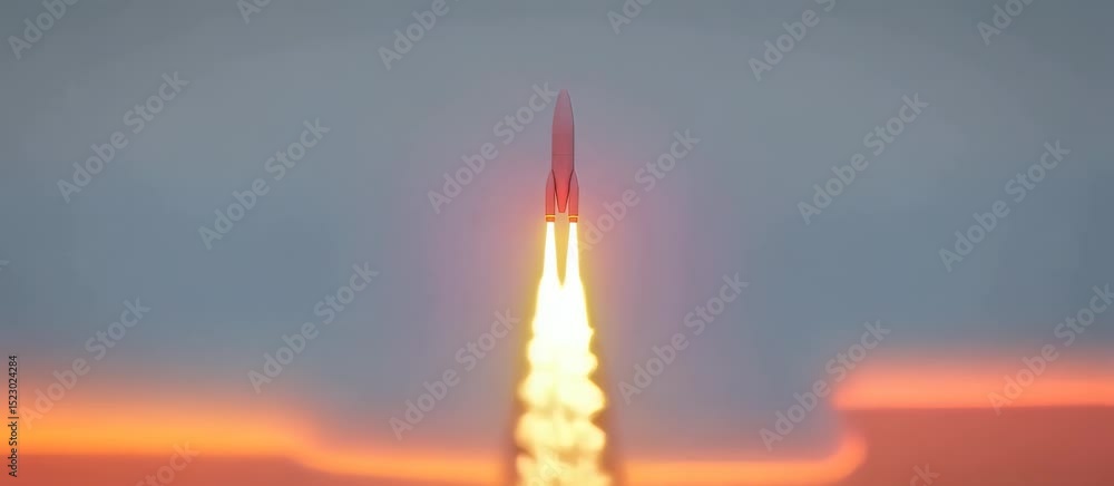 Poster rocket launch sequence: vertical ascent through clouds with fiery trail