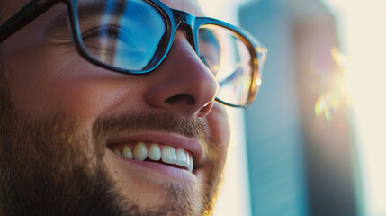 Fototapeta premium Bright smile of a young man enjoying a sunny day in an urban setting surrounded by city lights and a bustling environment
