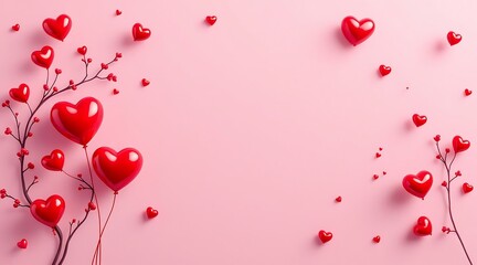 Romantic red heart balloons and branches on pink background