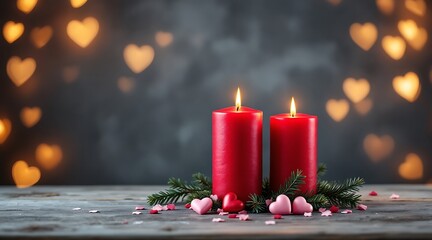 Romantic red candles with pink hearts and festive lights