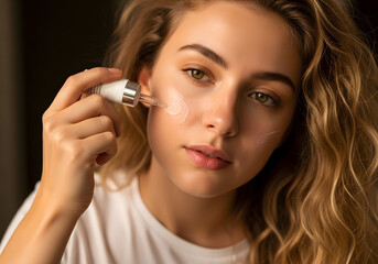 Obraz premium Young woman applying skincare product for healthy glowing skin.