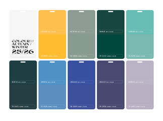 annual colours important for Fall Winter 25/26, fashion color palette, global color forecast for fashion trends, clothing. color palettes set