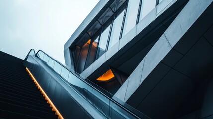 Fototapeta premium A modern architectural marvel rises against a cloudy sky. Sleek lines and elegant design draw the eye upward. A glimpse of contemporary engineering at its finest. Generative AI.