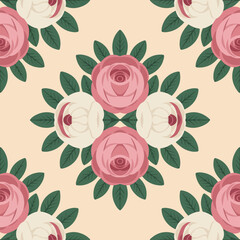 Seamless floral pattern with pink and white roses.