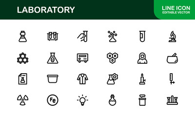 Laboratory Icon Set Featuring Scientific Equipment, Test Tubes, Microscopes, and Chemical Symbols