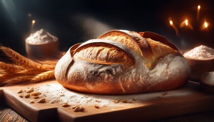 Rustikales Brot aus dem Ofen &ndash; frisch gebacken, mit Mehl best&auml;ubt, auf Holzbrett serviert