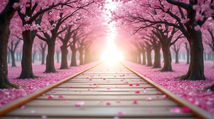 Serene wooden pathway through a blossoming pink cherry tree tunnel