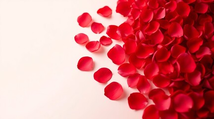 Scattered red rose petals on a light pink background