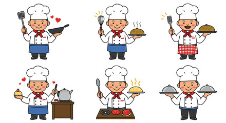 Six Cheerful Cartoon Chefs Preparing Various Dishes