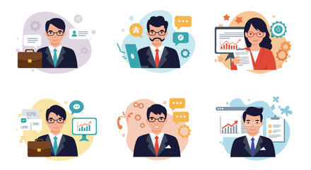 Six Business Professionals with Charts Graphs and Communication Icons