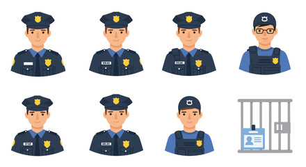 Six Police Officer Icons with a Prison Cell