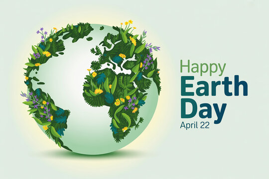 Happy Earth Day April 22nd Green Planet Illustration with Flowers and Plants