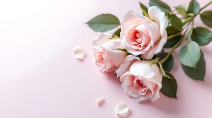 Three delicate pink roses on a soft pink background