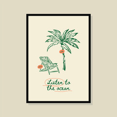 Coastal life sketch style vector illustration in a poster frame. Art for print design, greeting card, postcards, branding, logo design.