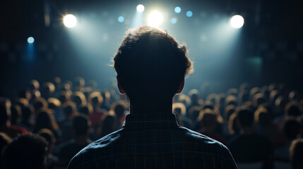 Intense Close-Up of a Dramatic Facial Expression Under Studio Lighting with Blurred Audience Silhouettes in the Background