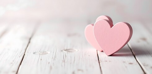 Two pink wooden hearts on whitewashed wooden surface