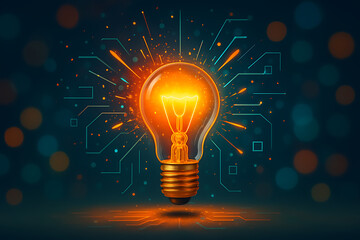 Glowing Light Bulb with Circuit Board Design Innovation and Technology Concept