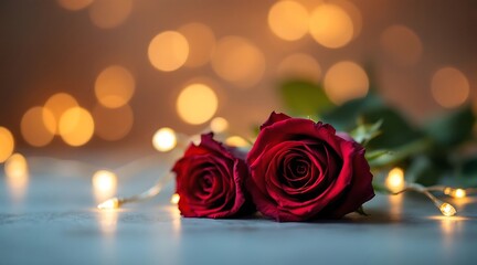 Two deep red roses with warm bokeh lights