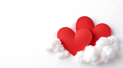 Two red paper hearts nestled in fluffy white clouds