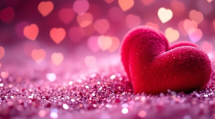 Two red velvet hearts on pink glitter background