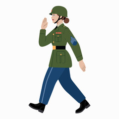 Obraz premium Female military officer walking in olive green uniform army duty woman badge power brave