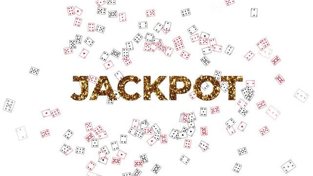 Big JACKPOT text in a sparkling gold glitter font accompanied by a continuous explosion of many different playing cards for a win effect