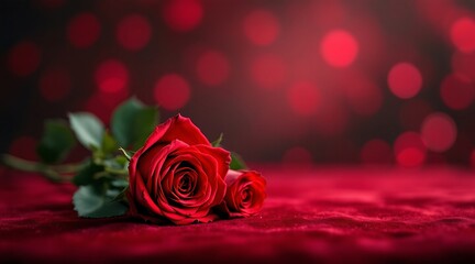 Two red roses on a velvet background with romantic bokeh