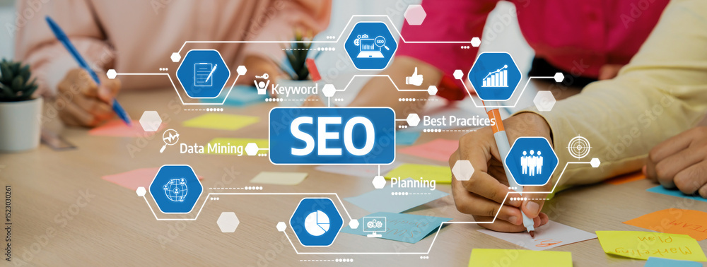 Poster two individuals collaborating on an seo strategy using sticky notes and visual icons that illustrate
