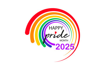 Pride month 2025 round logo with rainbow flag. Banner Pride symbol, LGBT, sexual minorities, gays and lesbians. Background Love is love. Template designer sign, icon colorful rainbow isolated on white