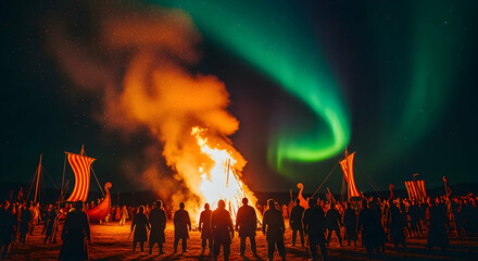 Viking Gathering Under Aurora Lights And Bonfire On Dramatic Evening