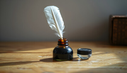 Writing accessories including a quill, ink bottles, and a magnifying glass on a wooden table