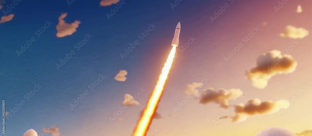 Poster rocket launch sequence with dramatic skyward motion and fiery tail animation