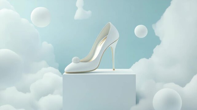 A fragment of a series - Blue Sky Spheres. Elegant white high heel shoe on white cube among fluffy clouds. Stylish women's shoe on minimalist platform in surreal cloud setting. 