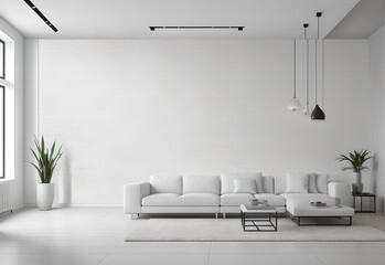Stylish scandinavian living room with design furniture, plants.Brown wooden parquet.Abstract painting on the white wall.Nice apartment. Modern decor of bright room 