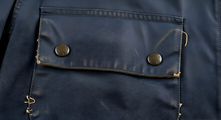 Close Up Of A Blue Textured Fabric Pocket Secured With Two Buttons