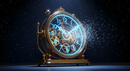 Elegant Clock Concept With Time Dissolving Into Particles On Dark Background