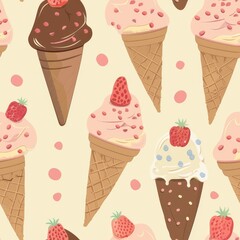 A delightful pattern of ice cream cones topped with strawberries