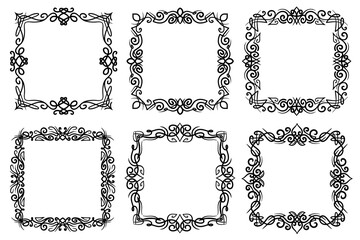 Abstract vintage line art square frames. Flourish black linear ornate borders, copy space for images and text.