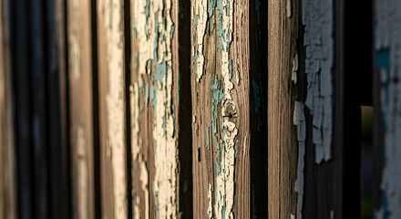 Fototapeta premium Weathered Wooden Fence With Peeling Paint Providing Rustic Charm